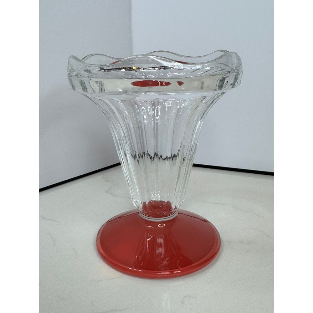 Vintage French Ice Cream Coupe Sandae Dish Luxe Coral Red Bottom